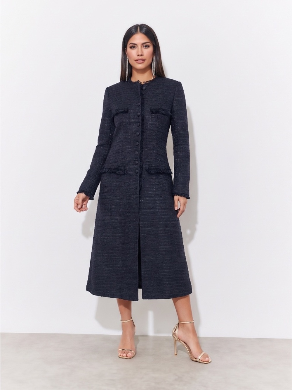 Zara Basic Dresses | Zara Basic Womens Black Tweed Long Button-Up Coat Dress NWT